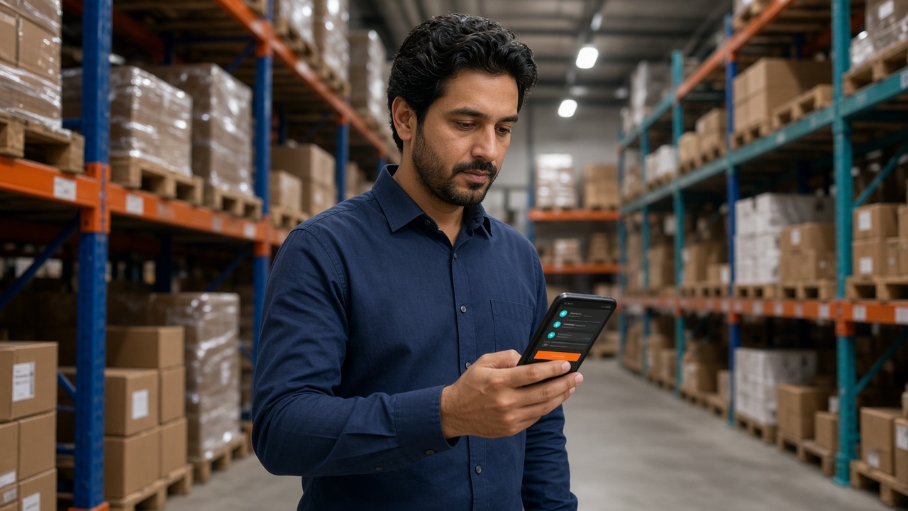 Warehouse professional checking inventory from a mobile business app