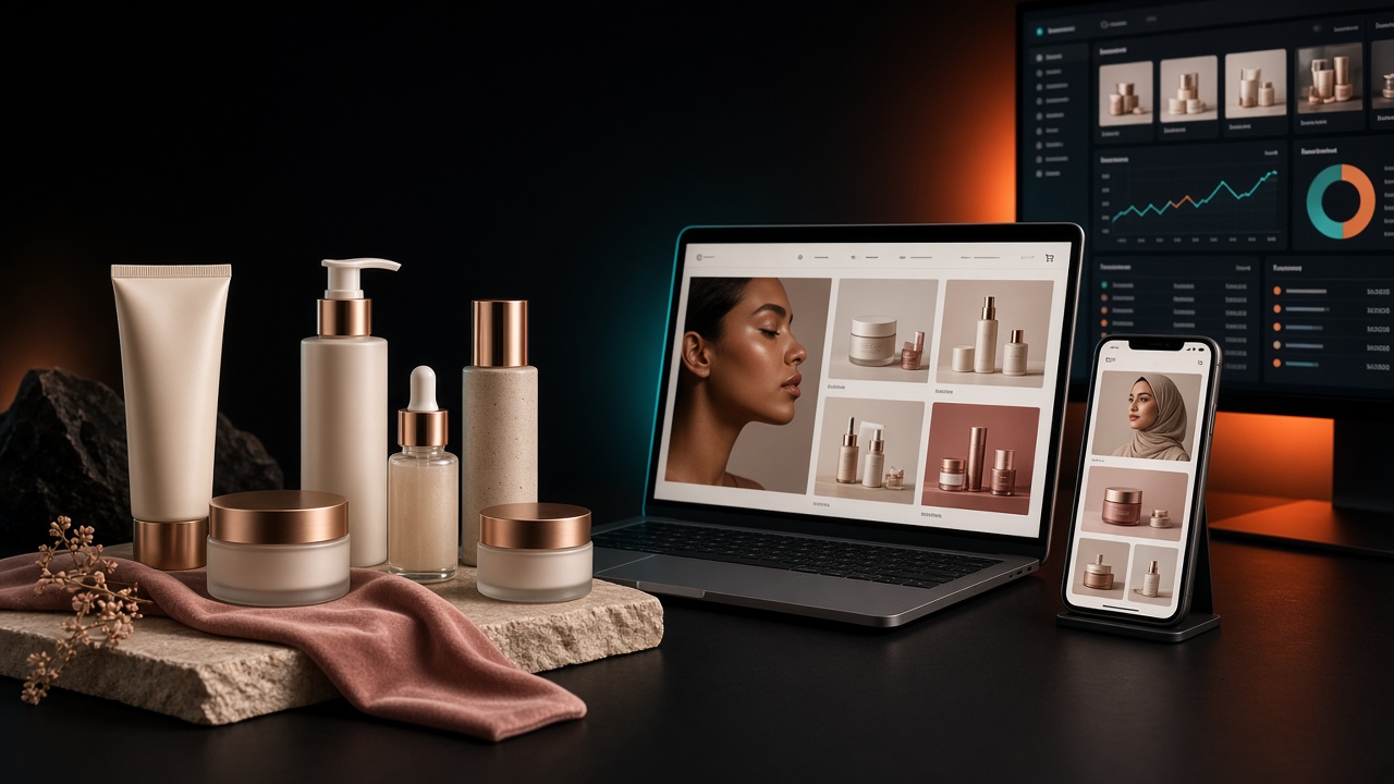 Premium beauty storefront and operations dashboard displayed with skincare products