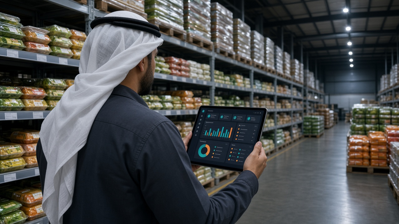 Warehouse operator reviewing food inventory analytics on a tablet