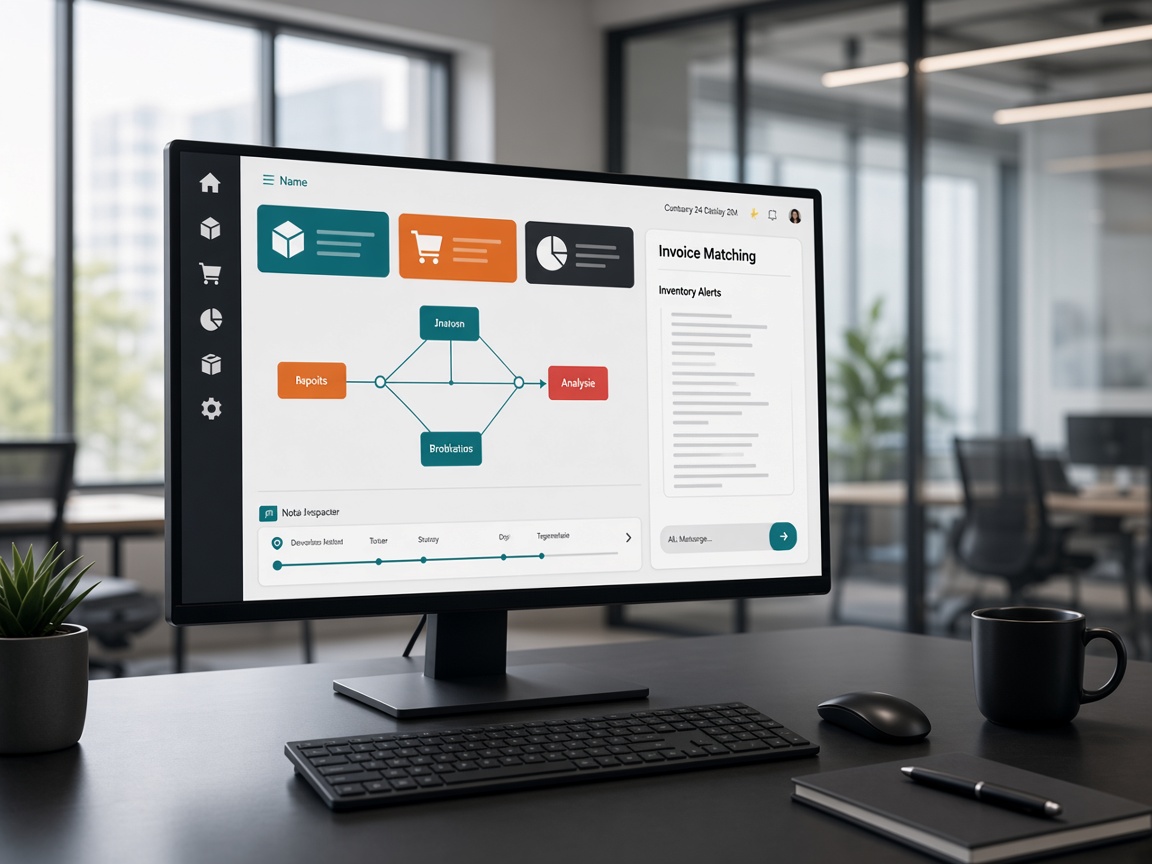 Workflow automation dashboard with connected agents displayed on a desktop in an office