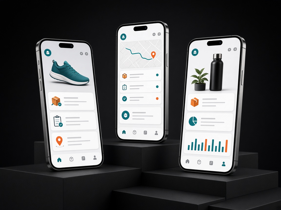 Mobile commerce and field operations app displayed across three smartphones